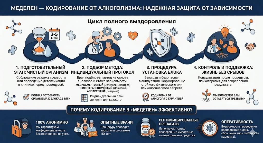 Инфографика на тему профессионального кодирование от алкоголизма в МедЭлен в голубых тонах